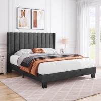 Yaheetech Full Bed Frame Upholstered Platform Bed With Fabric Headboard, Wing Edge Design/Non-Slip And Noise-Free/Wooden Slats Support/No Box Spring Needed/Easy Assembly, Dark Gray Full Bed