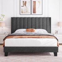 Yaheetech Queen Bed Frame Upholstered Platform Bed With Fabric Headboard, Wing Edge Design/Non-Slip And Noise-Free/Wooden Slats Support/No Box Spring Needed/Easy Assembly, Dark Gray Queen Bed