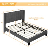 Yaheetech Queen Bed Frame Upholstered Platform Bed With Fabric Headboard, Wing Edge Design/Non-Slip And Noise-Free/Wooden Slats Support/No Box Spring Needed/Easy Assembly, Dark Gray Queen Bed