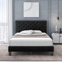 HOSTACK Full Size Bed Frame, Modern Upholstered Platform Bed with Adjustable Headboard, Heavy Duty Button Tufted Bed Frame with Wood Slat Support, Easy Assembly, No Box Spring Needed (Black, Full)