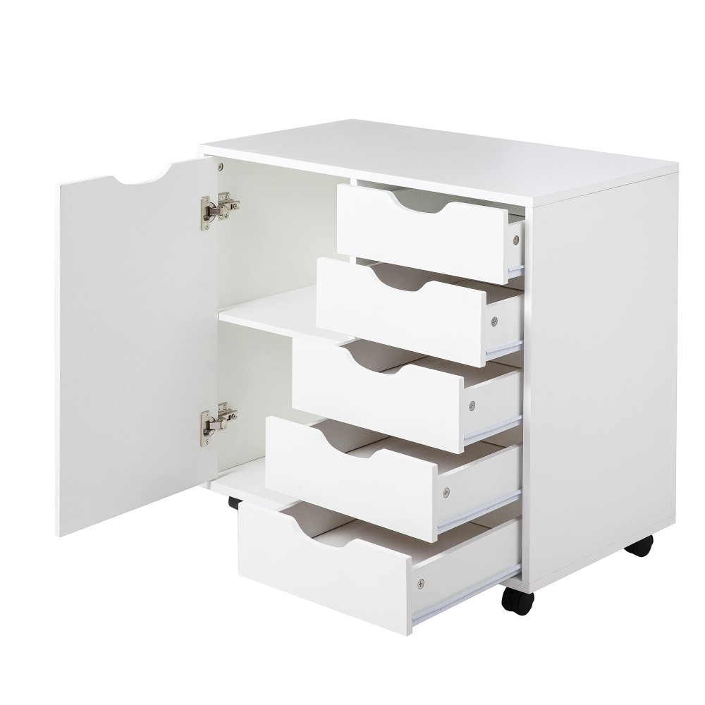 Naomi Home 5 Drawer Dresser For Bedroom, Stylish Tall Dressers With Wheels, Storage Shelves, Small Dresser For Closet, Makeup Dresser With 180 Lbs Capacity - White