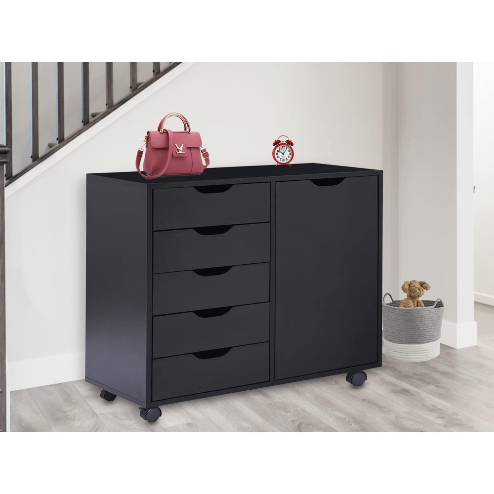 Naomi Home 5 Drawer Dresser For Bedroom, Stylish Tall With Wheels, Storage Shelves For Closet, Makeup With 180 Lbs Capacity - Black, Small