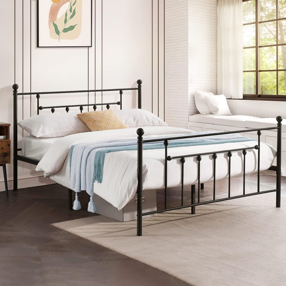 Vecelo Full Size Platform Bed Frame With Headboard And Footboard, Heavy Duty Steel Slat Support/No Box Spring Needed Mattress Foundation/Underbed Storage Space/Easy Assemble, Victorian Style, Black