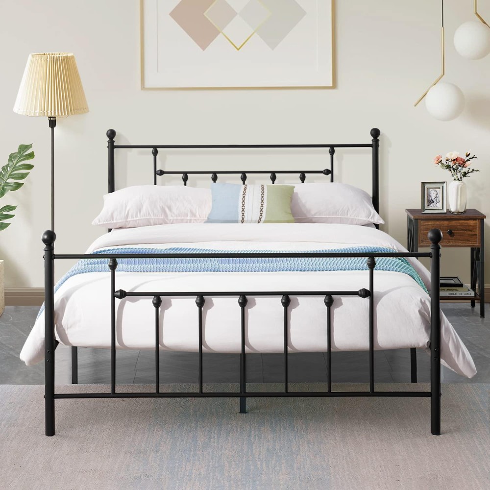 Vecelo Queen Size Metal Platform Bed Frame With Headboard And Footboard, Heavy Duty Slat Support/No Box Spring Needed Mattress Foundation/Underbed Storage Space, Victorian Style, Black