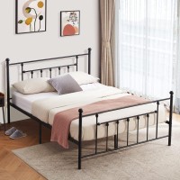 Vecelo Queen Size Metal Platform Bed Frame With Headboard And Footboard, Heavy Duty Slat Support/No Box Spring Needed Mattress Foundation/Underbed Storage Space, Victorian Style, Black