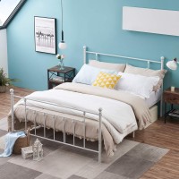 Vecelo Queen Size Metal Platform Bed Frame With Headboard And Footboard, Heavy Duty Slat Support/No Box Spring Needed Mattress Foundation/Underbed Storage Space, Victorian Style, White