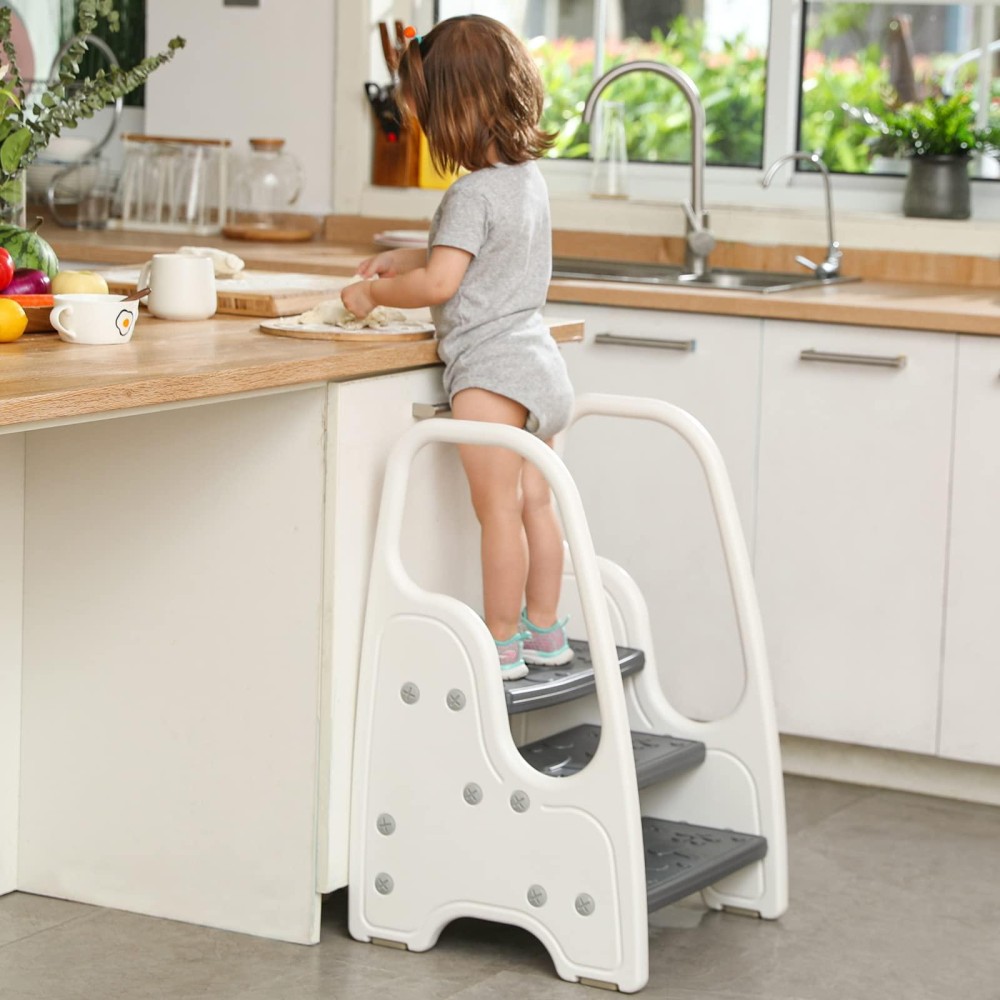 3-Step Stool With Handrails For Toddler And Kids, Standing Learning Tower For Bathroom Sink, Potty Training, Children Step Up Learning Helper With Handles And Safety Non-Slip Pads(Gray)