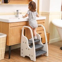 3-Step Stool With Handrails For Toddler And Kids, Standing Learning Tower For Bathroom Sink, Potty Training, Children Step Up Learning Helper With Handles And Safety Non-Slip Pads(Gray)