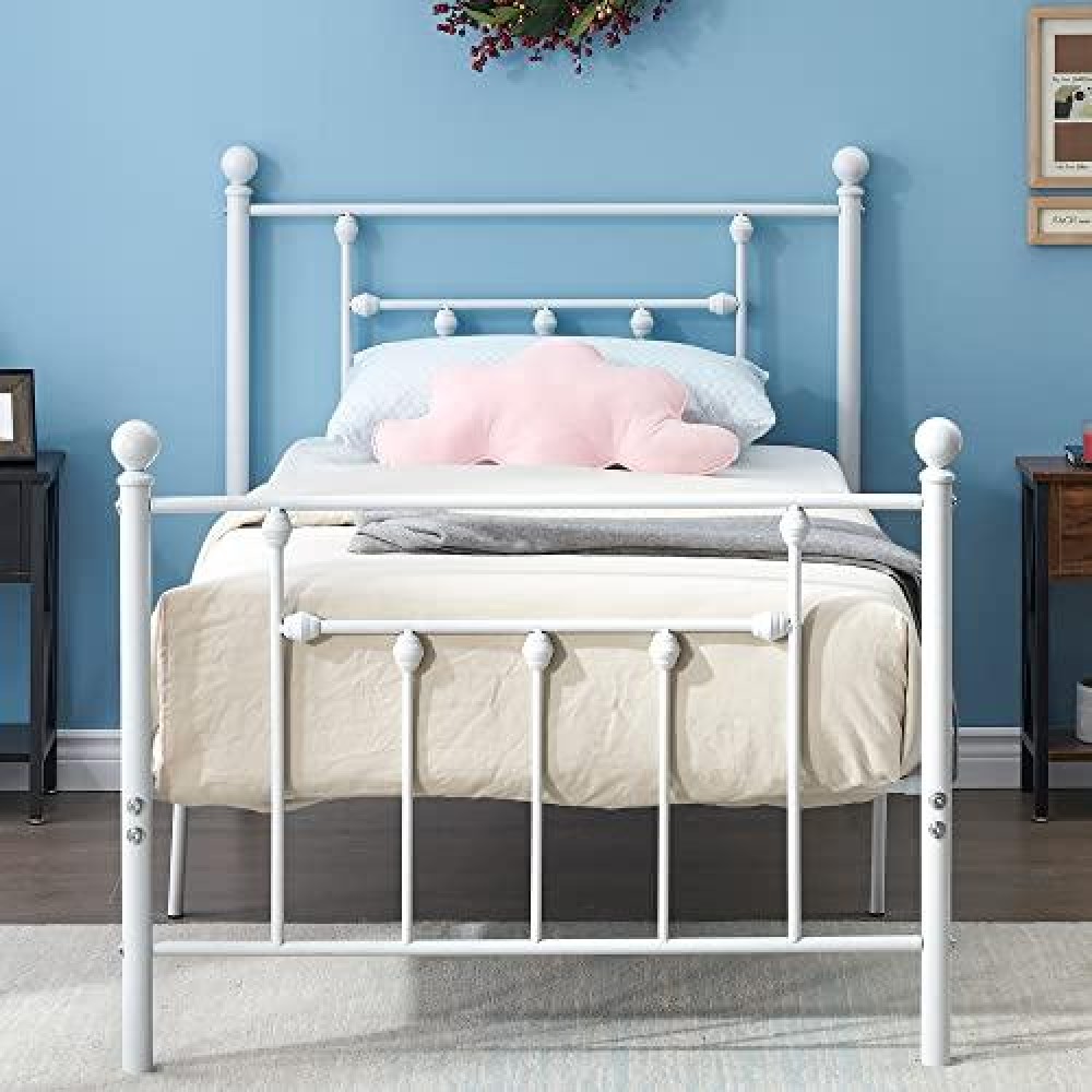 Vecelo Heavy Duty Twin Size Metal Platform Bed Frame With Headboard And Footboard, Sturdy Steel Slat Support/No Box Spring Needed Mattress Foundation/Easy Assemble, Victorian Style, White