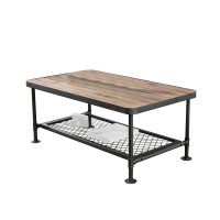 Coffee Table with Plank Top and Mesh Shelf, Brown and Gray