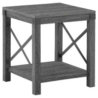 End Table with X Metal Accent and Grain Details, Gray