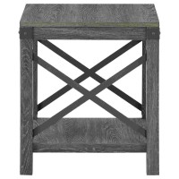 End Table with X Metal Accent and Grain Details, Gray