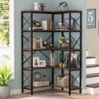 Tribesigns 5-Shelf Corner Bookshelf, Large Modern Corner Bookcase, 5-Tier Tall Corner Shelf Storage Display Rack With Metal Frame For Living Room Home Office (Rustic Brown)