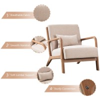 INZOY Mid Century Modern Accent Chair with Wood Frame, Upholstered Living Room Chairs with Waist Cushion, Reading Armchair for Bedroom Sunroom (Beige)