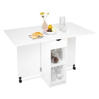 Mondeer Folding Dining Table, Drop Leaf Kitchen Table With 1 Drawer And 2 Open Storage Shelves Small Space Dining Room Kitchen Modern (White)
