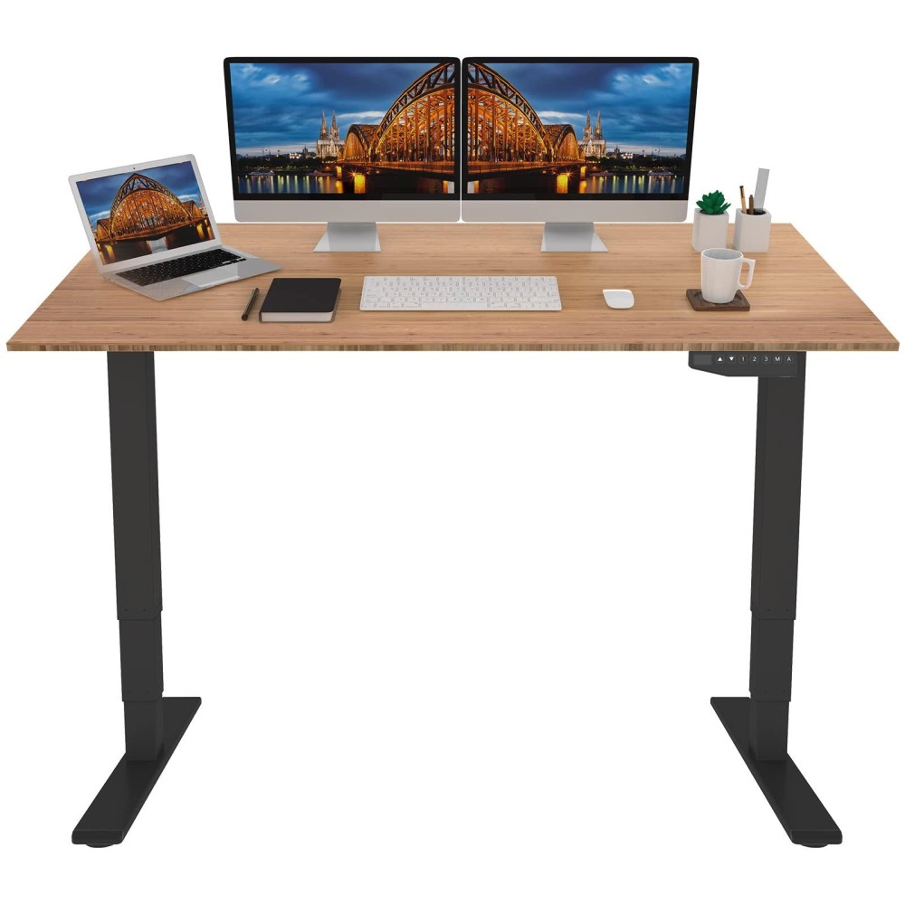 Flexispot Pro Bamboo 60X30 Inch 3 Stages Dual Motor Electric Standing Desk Whole-Piece Board Height Adjustable Desk Electric Stand Up Desk Sit Stand Desk(Black Frame + Bamboo Desktop)