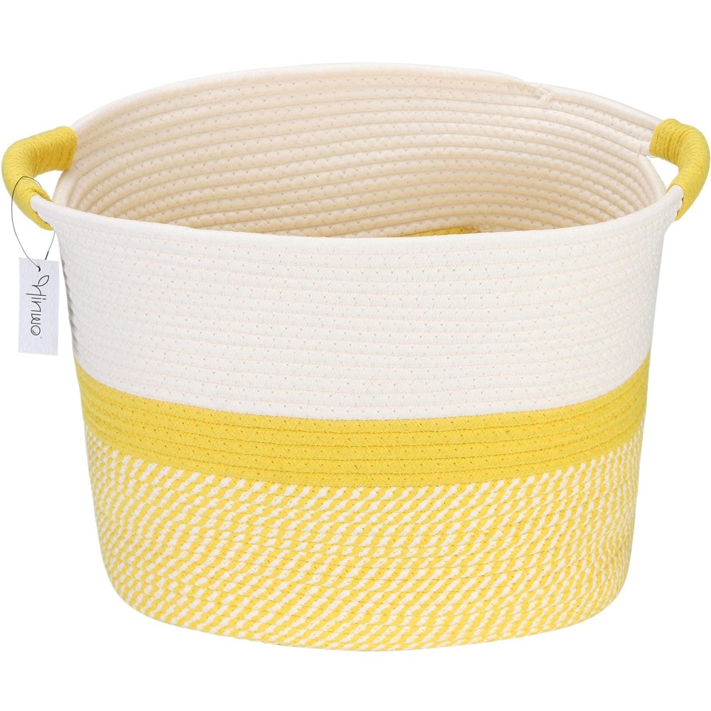 Hinwo Oval Cotton Rope Storage Basket Collapsible Nursery Storage Box Container Organizer With Handles, 16 X 13 Inches, Off White And Yellow