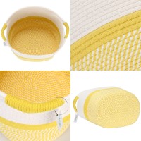 Hinwo Oval Cotton Rope Storage Basket Collapsible Nursery Storage Box Container Organizer With Handles, 16 X 13 Inches, Off White And Yellow