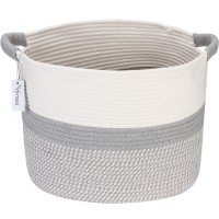 Hinwo Oval Cotton Rope Storage Basket Collapsible Nursery Storage Box Container Organizer With Handles, 16 X 13 Inches, Off White And Grey
