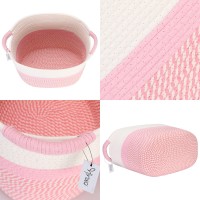 Hinwo Oval Cotton Rope Storage Basket Collapsible Nursery Storage Box Container Organizer With Handles, 16 X 13 Inches, Off White And Pink