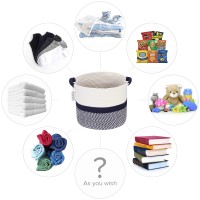Hinwo Oval Cotton Rope Storage Basket Collapsible Nursery Storage Box Container Organizer With Handles, 16 X 13 Inches, Off White And Dark Blue