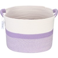 Hinwo Oval Cotton Rope Storage Basket Collapsible Nursery Storage Box Container Organizer With Handles, 16 X 13 Inches, Off White And Lavander