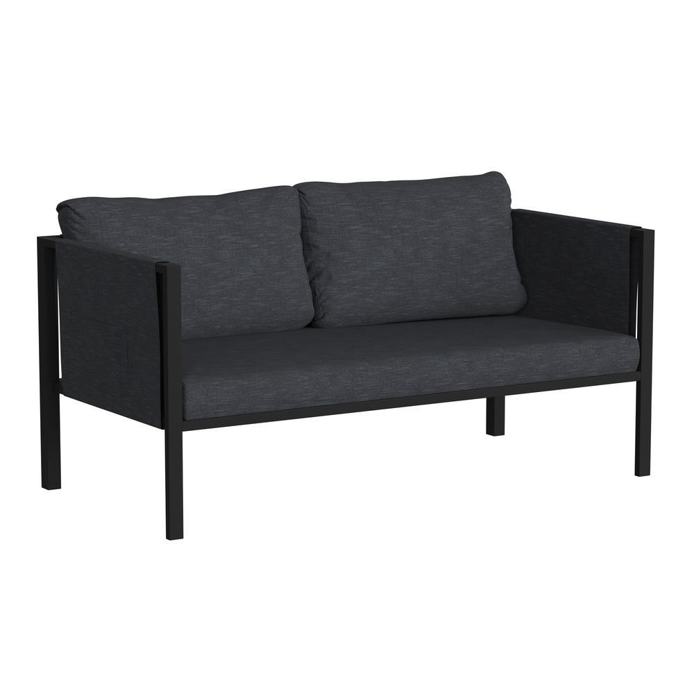 Indoor/Outdoor Loveseat With Cushions - Modern Steel Framed Chair With Storage Pockets, Black With Charcoal Cushions