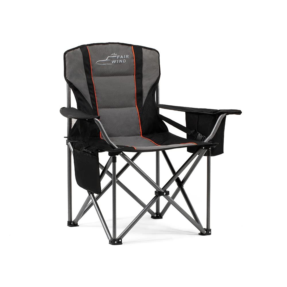 Fair Wind Oversized Fully Padded Camping Chair With Lumbar Support, Heavy Duty Metal Adjustable Lumbar,Arm Rest,Ergonomic Quad Fold/Arm Chair With Cooler Bag - Support 450 Lbs, Black