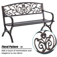 Mfstudio 50 Inches Outdoor Garden Bench,Cast Iron Metal Frame Patio Park Bench With Floral Pattern Backrest,Arch Legs For Porch,Lawn,Yard-Bronze