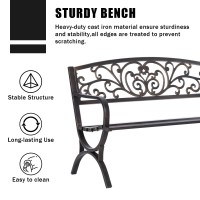 Mfstudio 50 Inches Outdoor Garden Bench,Cast Iron Metal Frame Patio Park Bench With Floral Pattern Backrest,Arch Legs For Porch,Lawn,Yard-Bronze