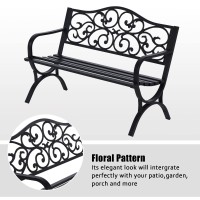 Mfstudio 50 Inches Outdoor Garden Bench,Cast Iron Metal Frame Patio Park Bench With Floral Pattern Backrest,Arch Legs For Porch,Lawn,Yard-Black