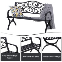 Mfstudio 50 Inches Outdoor Garden Bench,Cast Iron Metal Frame Patio Park Bench With Floral Pattern Backrest,Arch Legs For Porch,Lawn,Yard-Black