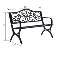 Mfstudio 50 Inches Outdoor Garden Bench,Cast Iron Metal Frame Patio Park Bench With Floral Pattern Backrest,Arch Legs For Porch,Lawn,Yard-Black