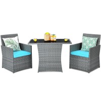 Tangkula 3 Pieces Patio Dining Set, Patiojoy Space-Saving Pe Rattan Bistro Set With Tempered Glass Top Table And Cushioned Chairs, Outdoor Conversation Set For Garden, Backyard, Poolside, Porch