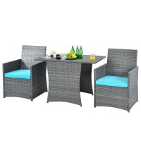 Happygrill 3-Pieces Outdoor Wicker Bistro Set Space-Saving Pe Rattan Dining Table Set With Cushioned Chairs, Patio Conversation Set For Backyard Porch Garden And Poolside