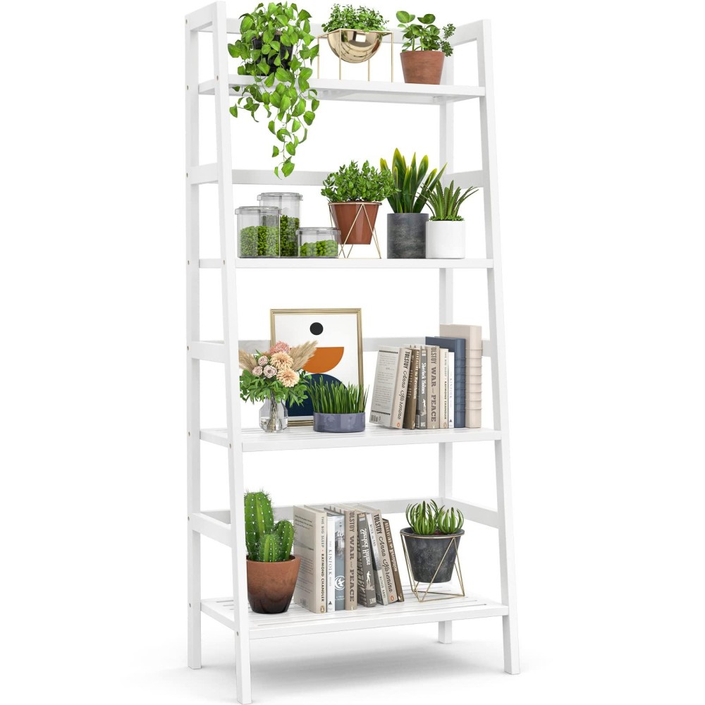 Homykic Ladder White Bookshelf, 4-Tier Bamboo Ladder Shelf 49.2? Book Shelf Bookcase Floor Freestanding Bathroom Storage Rack Plant Stand For Small Space, Bedroom, Living Room, Easy To Assemble