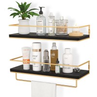 Zgo Floating Shelves Black Wall Mounted Storage Shelves With Golden Towel Rack For Bathroom Kitchen Bedroom Set Of 2 Black