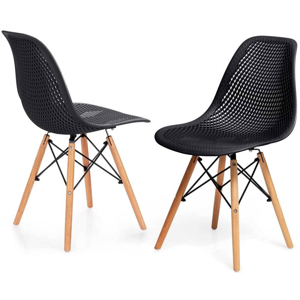 Kotek Set Of 2 Dining Chairs, Dsw Molded Shell Plastic Side Chairs With Mesh Design, Solid Wood Legs, Mid-Century Modern Armless Side Chairs For Kitchen, Dining Room, Living Room (Black)