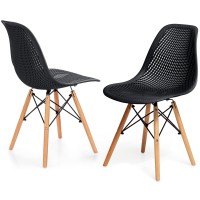 Kotek Set Of 2 Dining Chairs, Dsw Molded Shell Plastic Side Chairs With Mesh Design, Solid Wood Legs, Mid-Century Modern Armless Side Chairs For Kitchen, Dining Room, Living Room (Black)