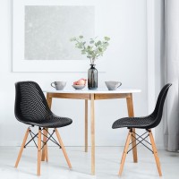 Kotek Set Of 2 Dining Chairs, Dsw Molded Shell Plastic Side Chairs With Mesh Design, Solid Wood Legs, Mid-Century Modern Armless Side Chairs For Kitchen, Dining Room, Living Room (Black)