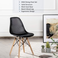 Kotek Set Of 2 Dining Chairs, Dsw Molded Shell Plastic Side Chairs With Mesh Design, Solid Wood Legs, Mid-Century Modern Armless Side Chairs For Kitchen, Dining Room, Living Room (Black)