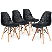 Kotek Set Of 4 Dining Chairs, Dsw Molded Shell Plastic Side Chairs With Mesh Design, Solid Wood Legs, Mid-Century Modern Armless Side Chairs For Kitchen, Dining Room, Living Room (Black)