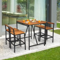 Tangkula 5-Piece Outdoor Acacia Wood Bar Table Set, Bar Height Outdoor And Rattan Dining Set, Rectangular Bar Table With Umbrella Hole And 4 Bar Stools For Patio, Garden And Backyard (Black)