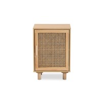 Baxton Studio Maclean Mid-Century Modern Rattan and Natural Brown Finished Wood 1-Door End Table