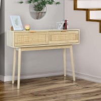 Hopubuy Console Table Rattan Desk With Drawers, Oak Narrow Sofa Table With Pine Leg, Modern Small Entryway Table For Hallway And Living Room, 39