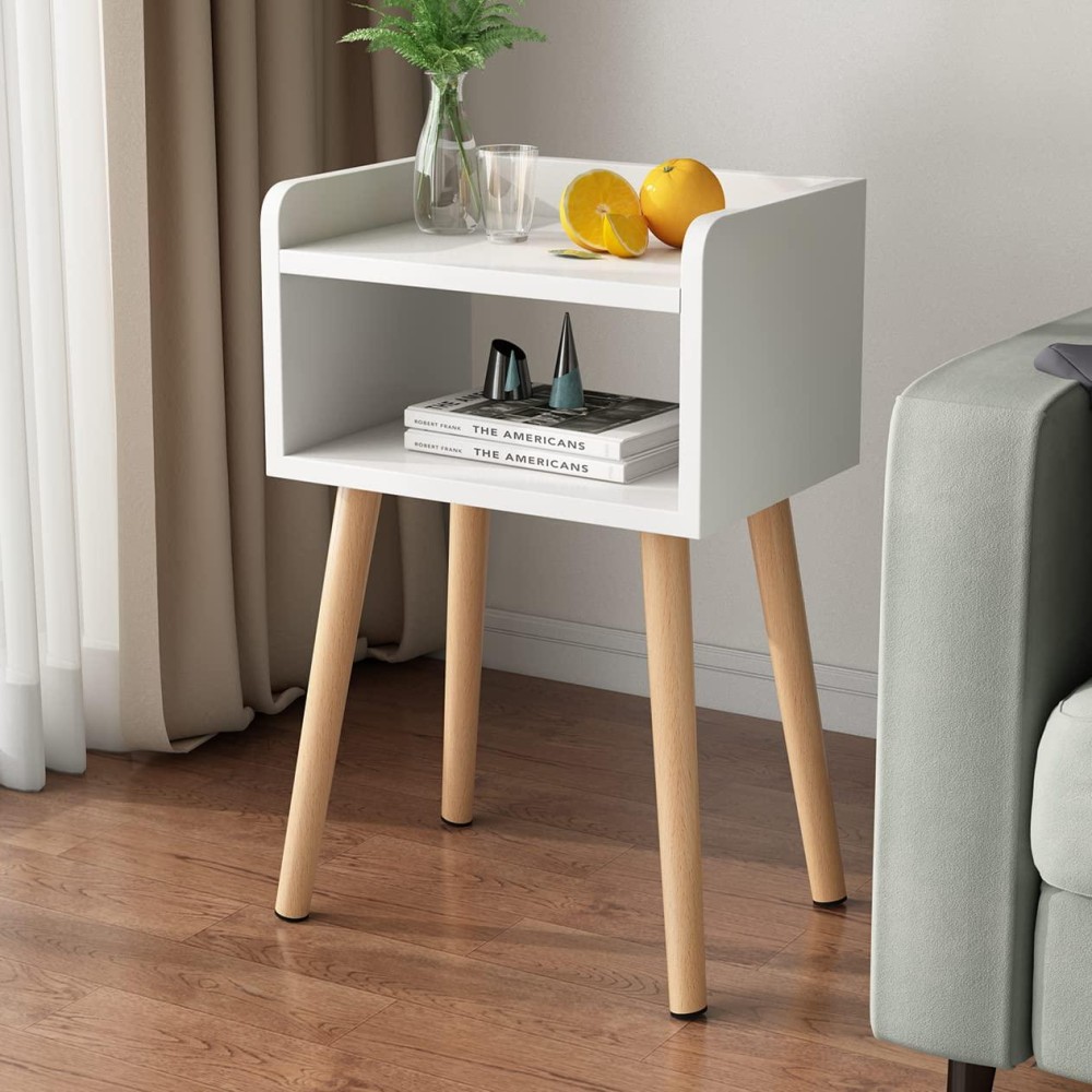 Lucknock Nightstand, Mid-Century Modern Bedside Table With Solid Wood Legs, Adorable And Practical End Side Table With Open Storage Shelf, Fashion Bedroom Furniture White.