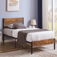 Vecelo Platform Bed Frame Twin Size With Rustic Vintage Wood Headboard, Strong Metal Slats Support, No Box Spring Needed