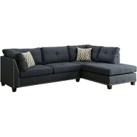 Acm Laurissa Sectional Sofa And Ottoman With 2 Pillows In Dark Blue