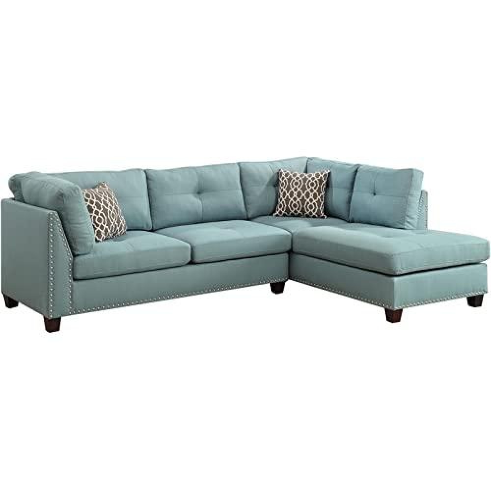 Acme Laurissa Sectional Sofa & Ottoman In Light Teal Linen Green Finish