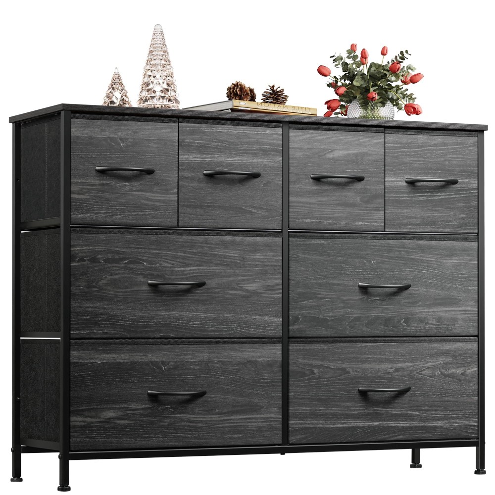 Wlive Dresser For Bedroom With 8 Drawers, Wide Fabric Dresser For Storage And Organization, Bedroom Dresser, Chest Of Drawers For Living Room, Closet, Hallway, Charcoal Black Wood Grain Print